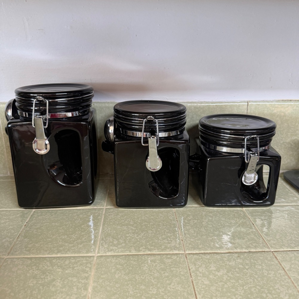 Oggi Black Ceramic Kitchen Canister Set with Scoops Airtight Lids 3 Piece
